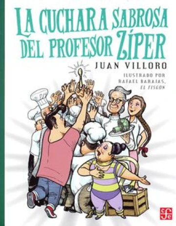 Cover of La cuchara sabrosa del profesor ziper depicting a colorful crowd of people reaching up towards a spoon.