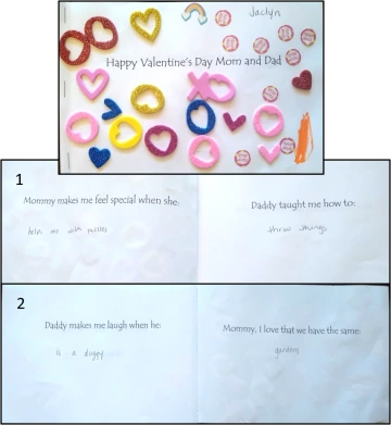 Jaclyn’s Valentine’s Day book for her mother and father: Cover; p. 1, “Mommy makes me feel special when she helps me with my puzzles. Daddy taught me how to throw things.”; p. 2, “Daddy makes me laugh when he is a doggy. Mommy, I love that we have the same gardens.”