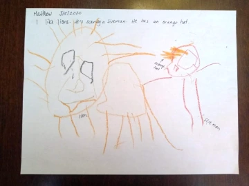 Matthew’s story about a lion (left) scaring a fireman with an orange hat (right).
