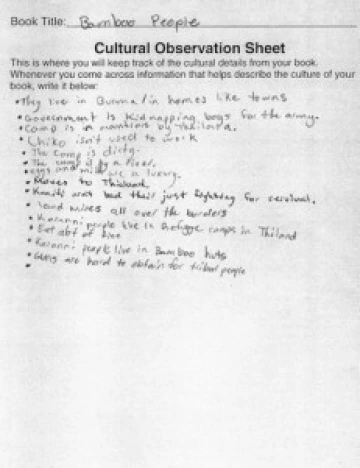 A cultural observation sheet from the Bamboo People literature circle
