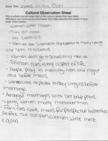 A cultural observation sheet from the Words in the Dust literature circle