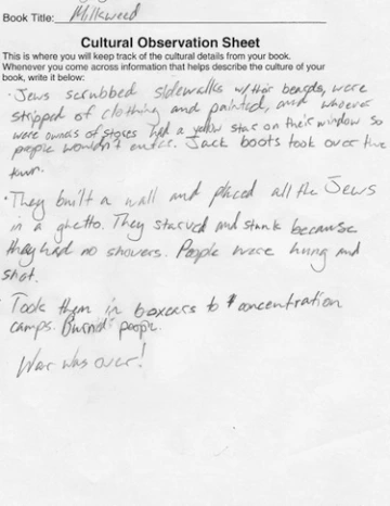 A cultural observation sheet from the Milkweed literature circle