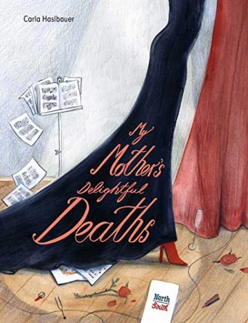The stage is set with a music stand, scattered music sheets and the lower half of a woman in a dramatic black dress with a train and red high heels. 