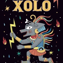 A dog man in Aztec dress holds a lightning bolt.