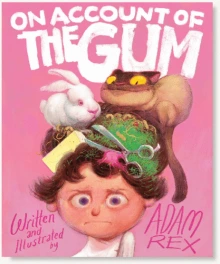 a child with a cat, rabbit, scissors and other things stuck in their hair because of gum.