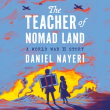 A man with a box strapped to his back walks with a young girl before a land that is in flames.