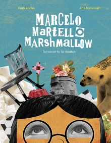 A young boy with glasses looks up to a collage of items including a polar bear, a chair, and a building with cacti sprouting out the roof.