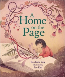 A young girl writes in a giant book. Plants sprout from where she writes.