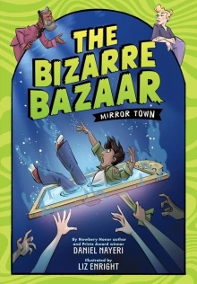 A boy falls through a mirror portal while hands reach up to grab at him.