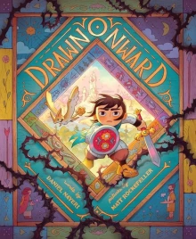 A child with a sword and shield steps out of a fantastical land and looks above the viewer's head.