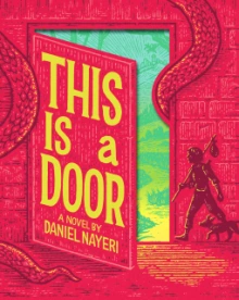 A red cover that is a door that opens to a green land. The figure of a boy and mouse approach the open door.