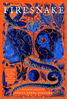 grandmother and granddaughter back to back with a snake, planet and other creatures intertwining between them
