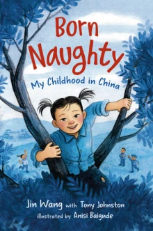 A young Chinese girl climbs a tree with a big smile.