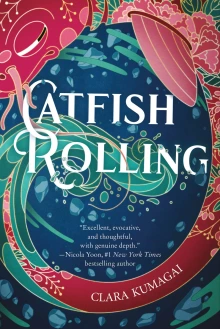 A pink fish with a teal tail swims in a circle around the edges of the dark blue cover.