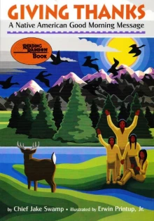 A group of Indigenous people are gathered together outside, waving to a deer.