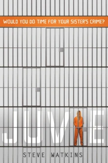 Cover of Juvie depicting empty cells on three levels, with the bottom level holding a young woman in an orange prison jumpsuit replacing the I in Juvie.