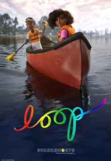 Movie poster of the short film Loop, depicting a young black girl and black boy in orange life vests on a canoe.