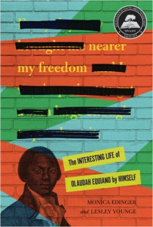 The title is made from black out poetry against a colorful brick backdrop. A semi-transparent portrait of a Black man in 1700s dress is in the bottom left corner.