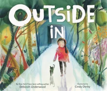 Cover of Outside In depicting a young girl in a red coat walking down a road with a cat. Trees and plants line either side of the road.