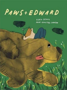 Cover for Paws + Edward depicts a boy in repose on the back of a giant romping dog.