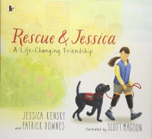Book cover illustration for Rescue and Jessica featuring women with dog on left