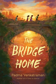 The Bridge Home cover depicts four children and a dog running over a bridge with a city skyline in the warm orange background.