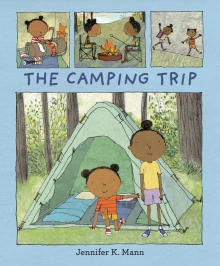 A young Black girl climbs out of a tent to stand with her aunt.