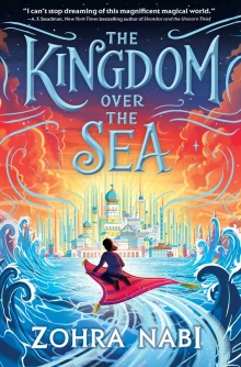 A young girl on a red flying carpet flies towards a Middle Eastern castle over the sea.