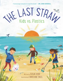 3 children on a beach are picking up plastic waste.