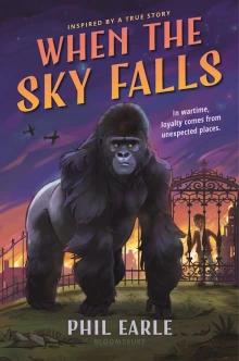 A gorilla looks at the viewer under planes flying through the sunet. A young boy watches the gorilla from the other side of a fence.