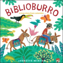 Cover of Biblioburro depicting a man on a donkey reading a book as he travels to the right side of the cover.