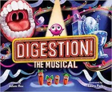 A pink piece of candy stands on top of a theater marquee sign with the title written in it. The candy is surrounded by different parts of the human body and small carrots are in the spotlight below.