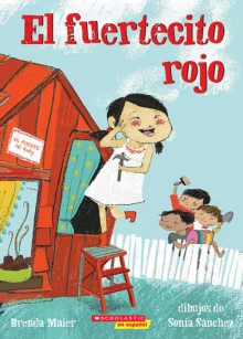 A young girl in a white dress holds a hammer and stands on a step stool in front of a red fort. Three young boys hold their own tool as they wave at her from behind a white fence.