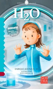 Cover of H2O depicting a young girl in a blue jacket looking out of a large circular window at a science expirement.