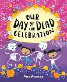 Two young girls with black pigtails hold hands and dance with two skeletons on a purple hill lined with gold flowers.
