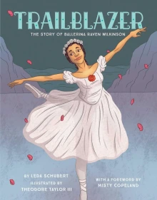 Cover of Trailblazer depicting a black ballerina in a white dress dancing on a frozen lake with red rose petals surrounding her.
