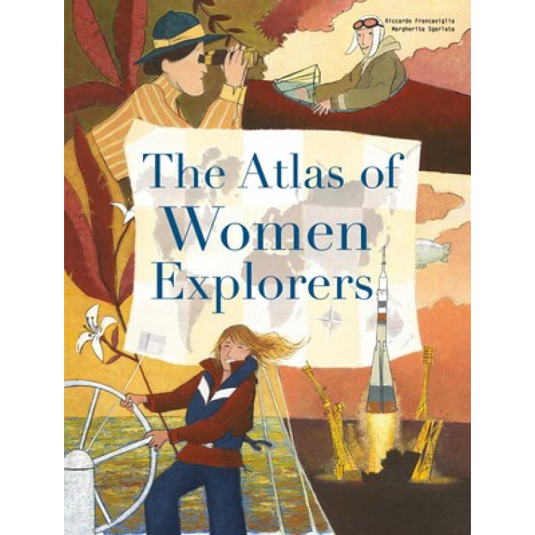 Four drawings of female explorers, all in muted brown and orange tones