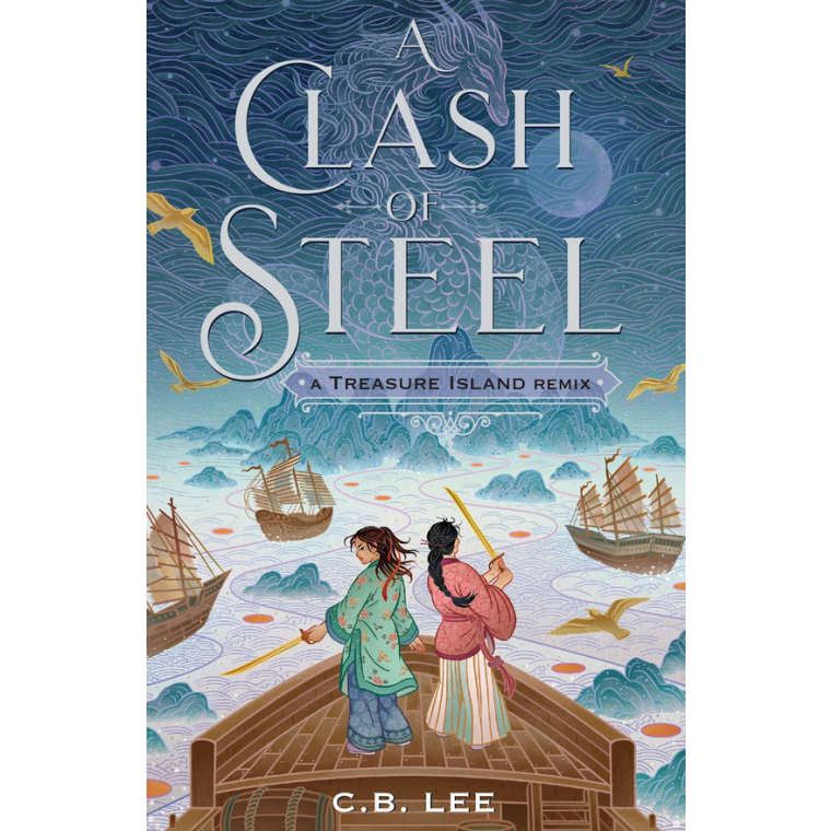 Two girls in historical Chinese dress hold swords as they stand on the bow of a ship 