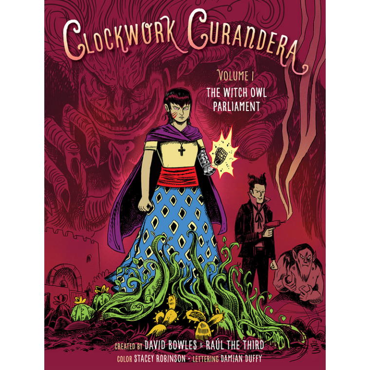 A young woman in a dress with a metal arm stands among plants