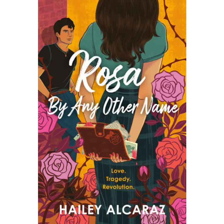 A teenage girl holds a journal full of papers and photos behind her back.