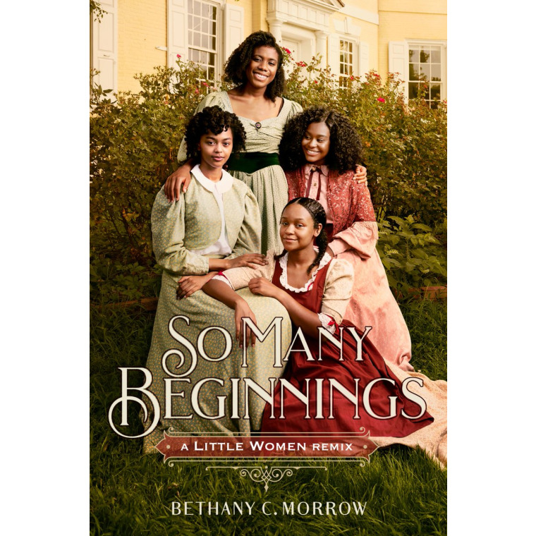 Four Black teenage girls in colonial dresses pose together in front of rosebushes  