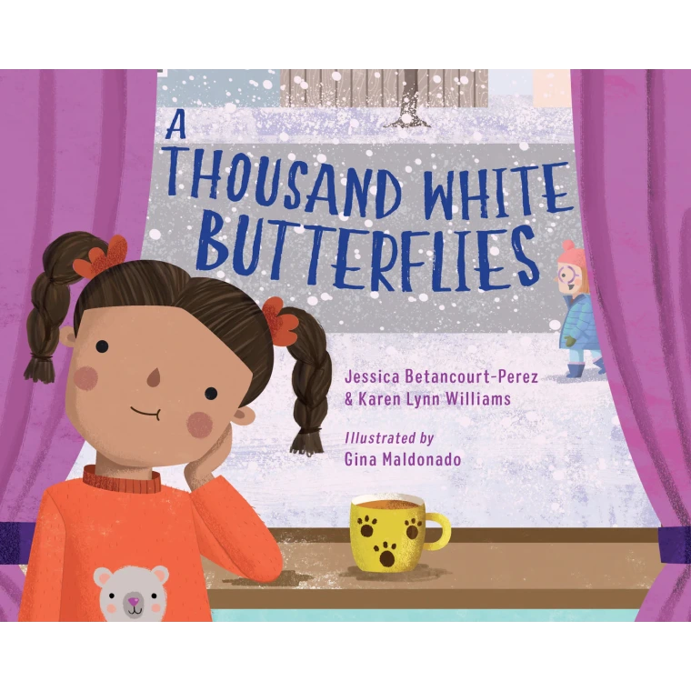 A girl at her window, snow falling outside 