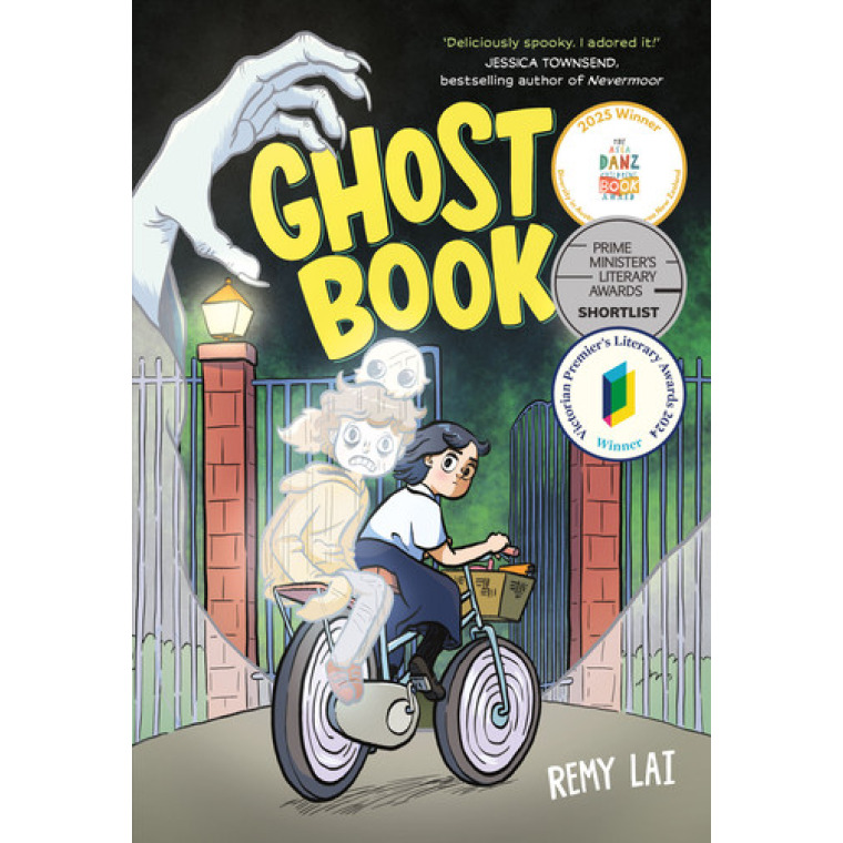 A young girl rides a bike through a gate with a ghost riding behind her.