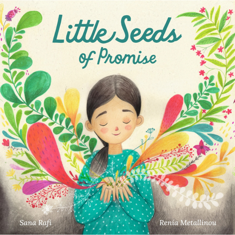 A girl holding seeds that bloom into colorful flowers