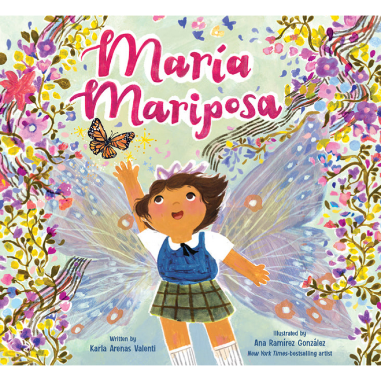 A girl with butterfly wings standing in a flower garden 