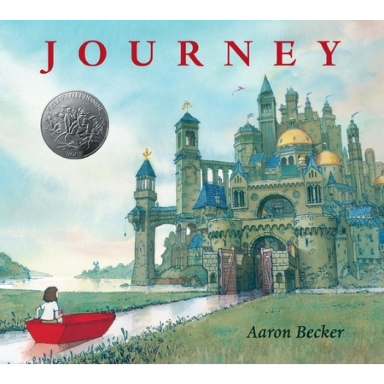 A young girl in a red boat drifts down a waterway to a castle. 