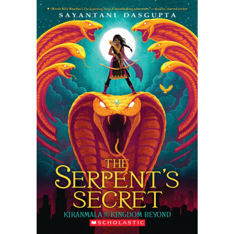 A young girl in traditional Indian clothes holds a bow as she stands on top of a giant golden serpent's head.