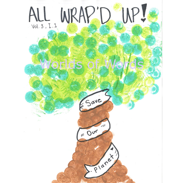 A tree made from circles of paint with a ribbon around the trunk that reads save our planet.