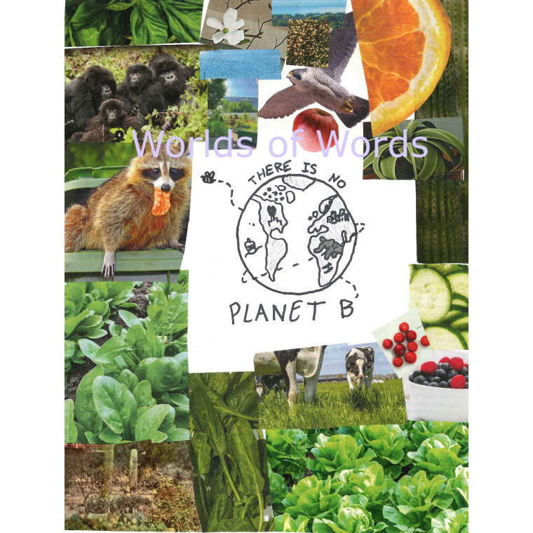 Collage of harvests and animals around a drawing of a bee circumnavigating the planet and the text there is no planet b