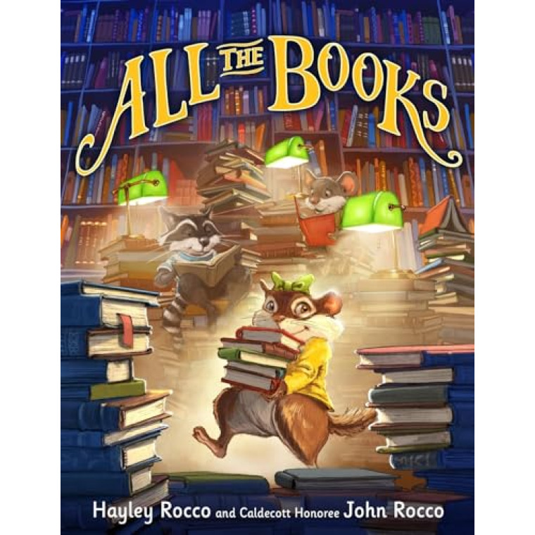 A mouse holding books runs through piles of books in a library.